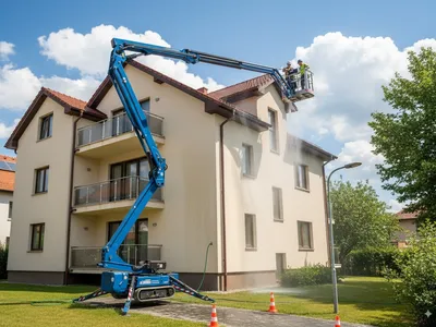 Homlokzattisztítás kosaras emelőgéppel